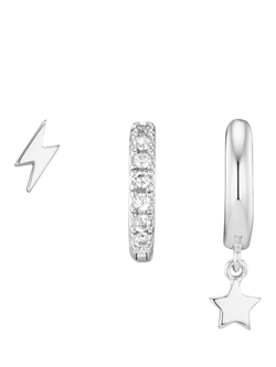 Orelia Lightning & Star Ear Party Earrings, Set of 3, Silver, Silver