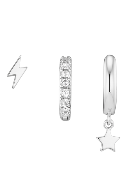 Orelia Lightning & Star Ear Party Earrings, Set of 3, Silver, Silver