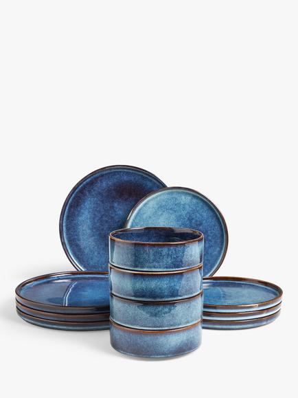 John Lewis Romy Reactive Glaze Stoneware Dinnerware Set, 12 Piece, Blue Indigo
