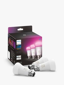 Philips Hue White & Colour Ambiance Wireless Lighting Smart LED Colour Changing Light Bulb with Bluetooth, 5.7W B22, Pack of 3, White