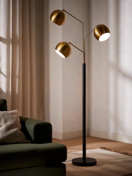 John Lewis Hector 3 Arm Floor Lamp, Antique Brass/Black - view 2, Antique Brass/Black