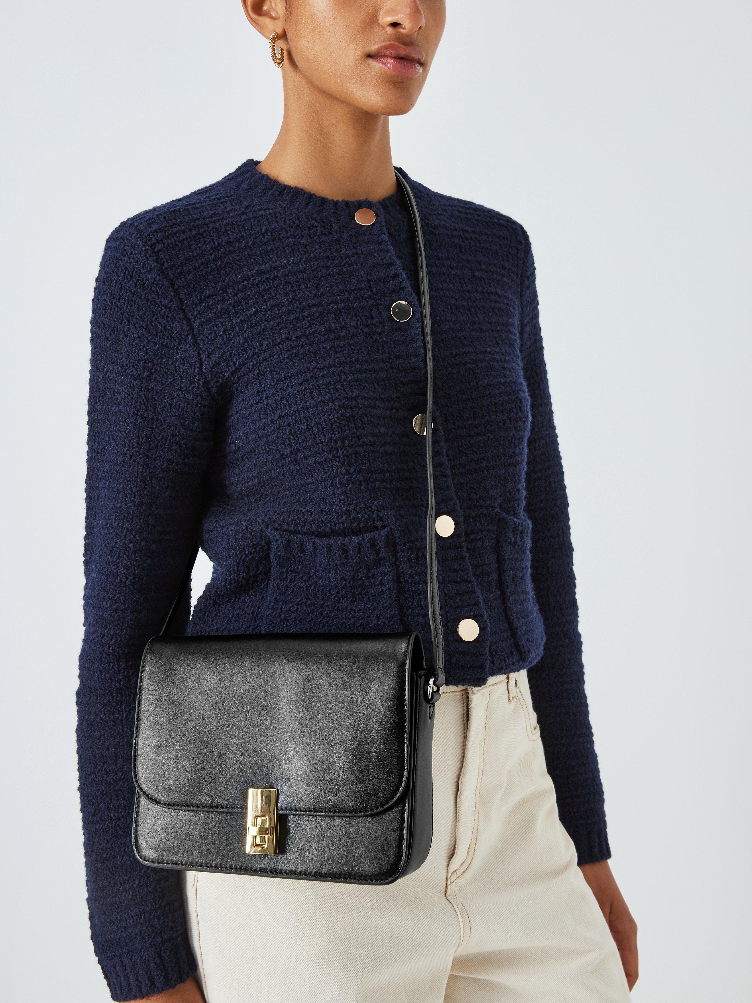 Product image 2 of 5, which shows John Lewis Smooth Leather Flapover Crossbody Bag, Black