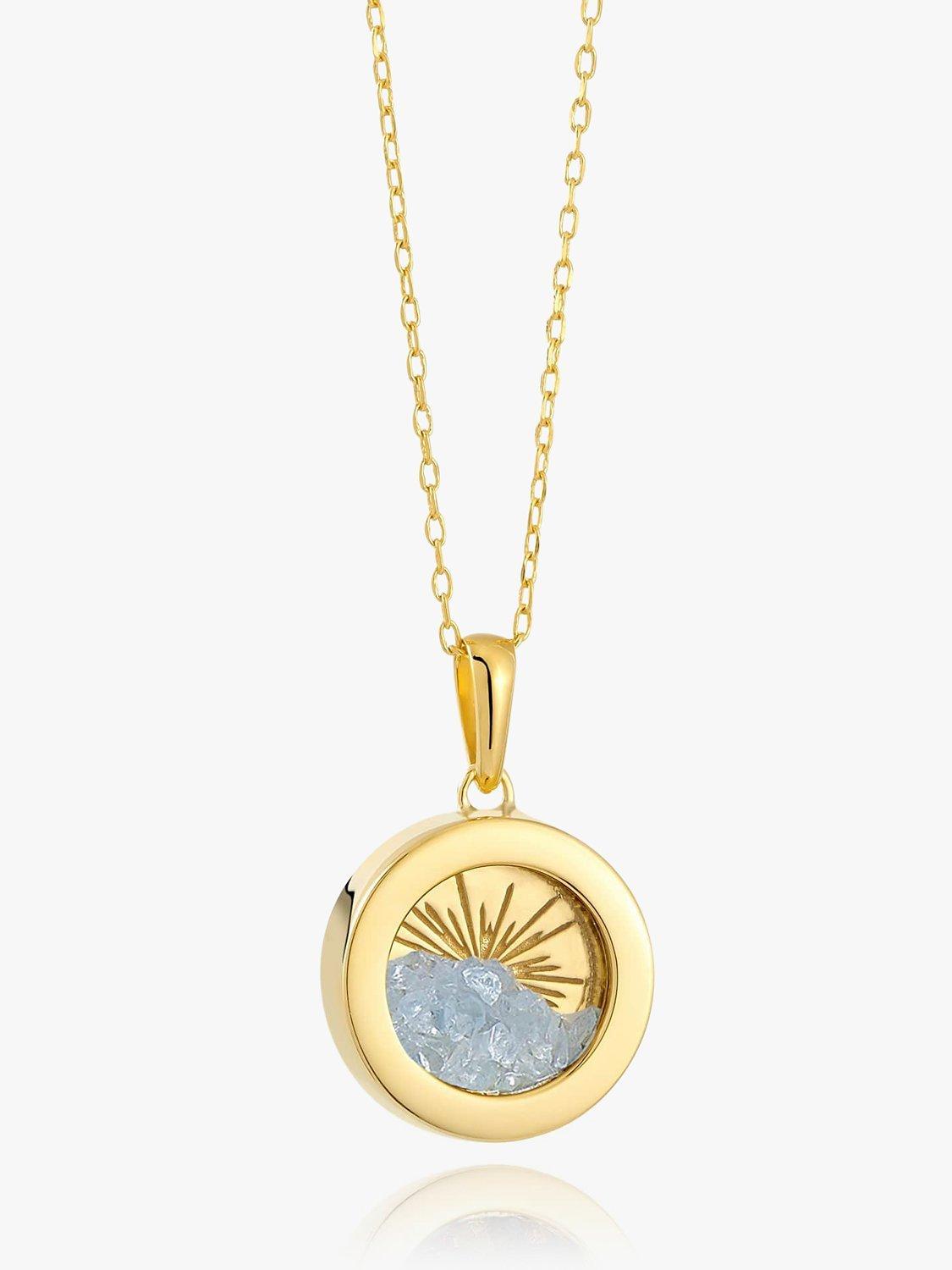 Rachel Jackson London Small Deco Sun Amulet Birthstone Necklace, Gold/Aquamarine
