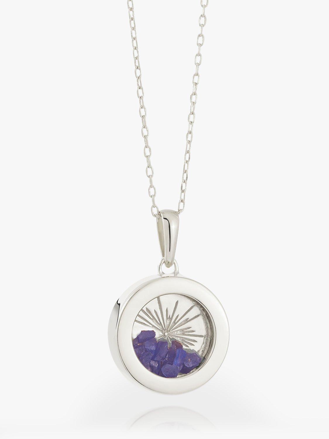 Rachel Jackson London Small Deco Sun Amulet Birthstone Necklace, Silver/Tanzanite