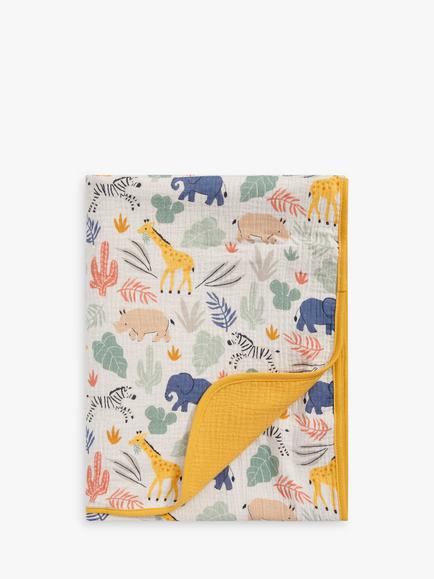 John Lewis Safari Print Cotton Muslin Blanket, 120 x 120cm, Multi/Yellow