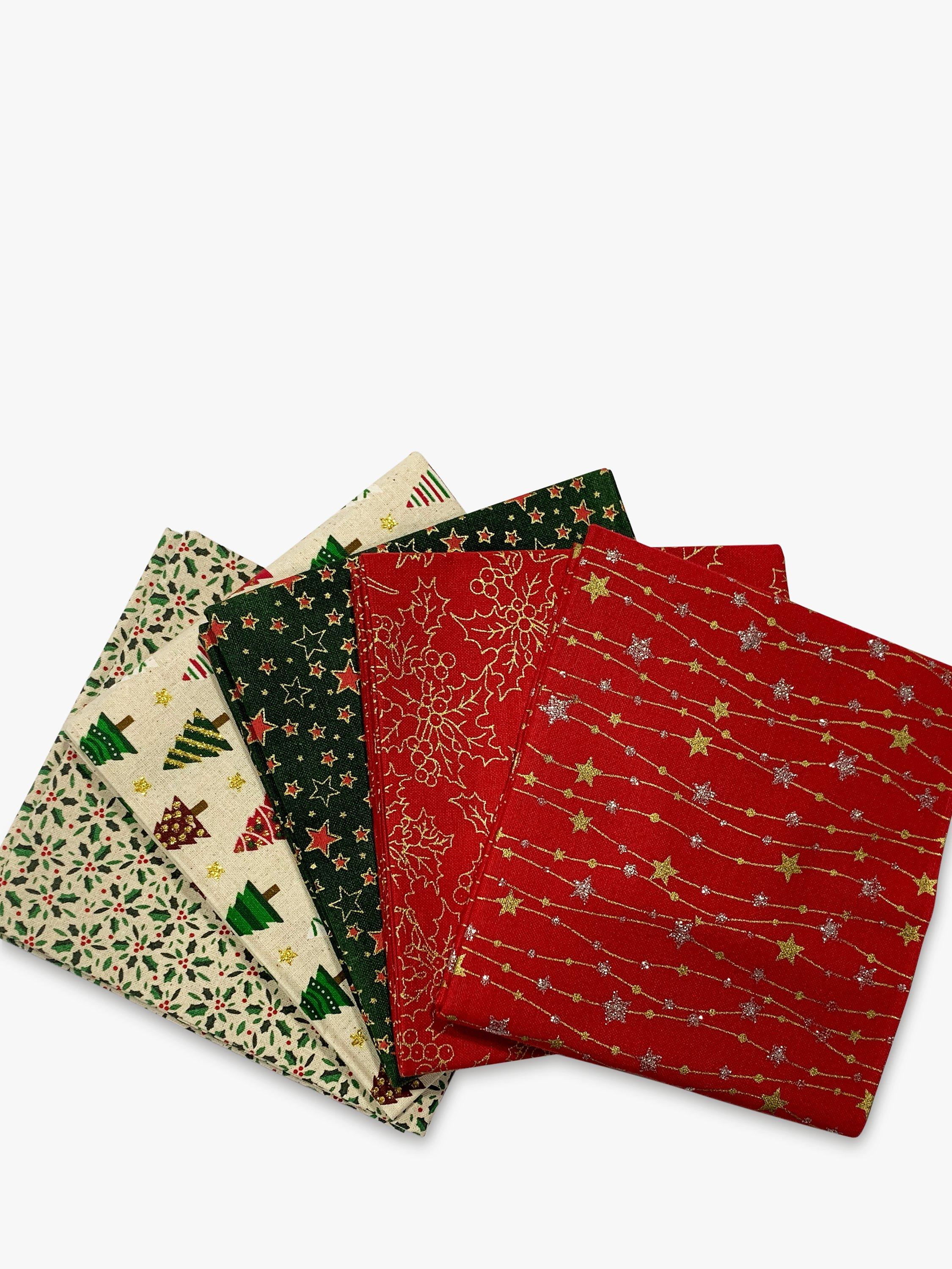 Oddies Textiles Tree, Star & Snowflake Fat Quarter Fabrics, Pack of 5, Red/Natural/Green