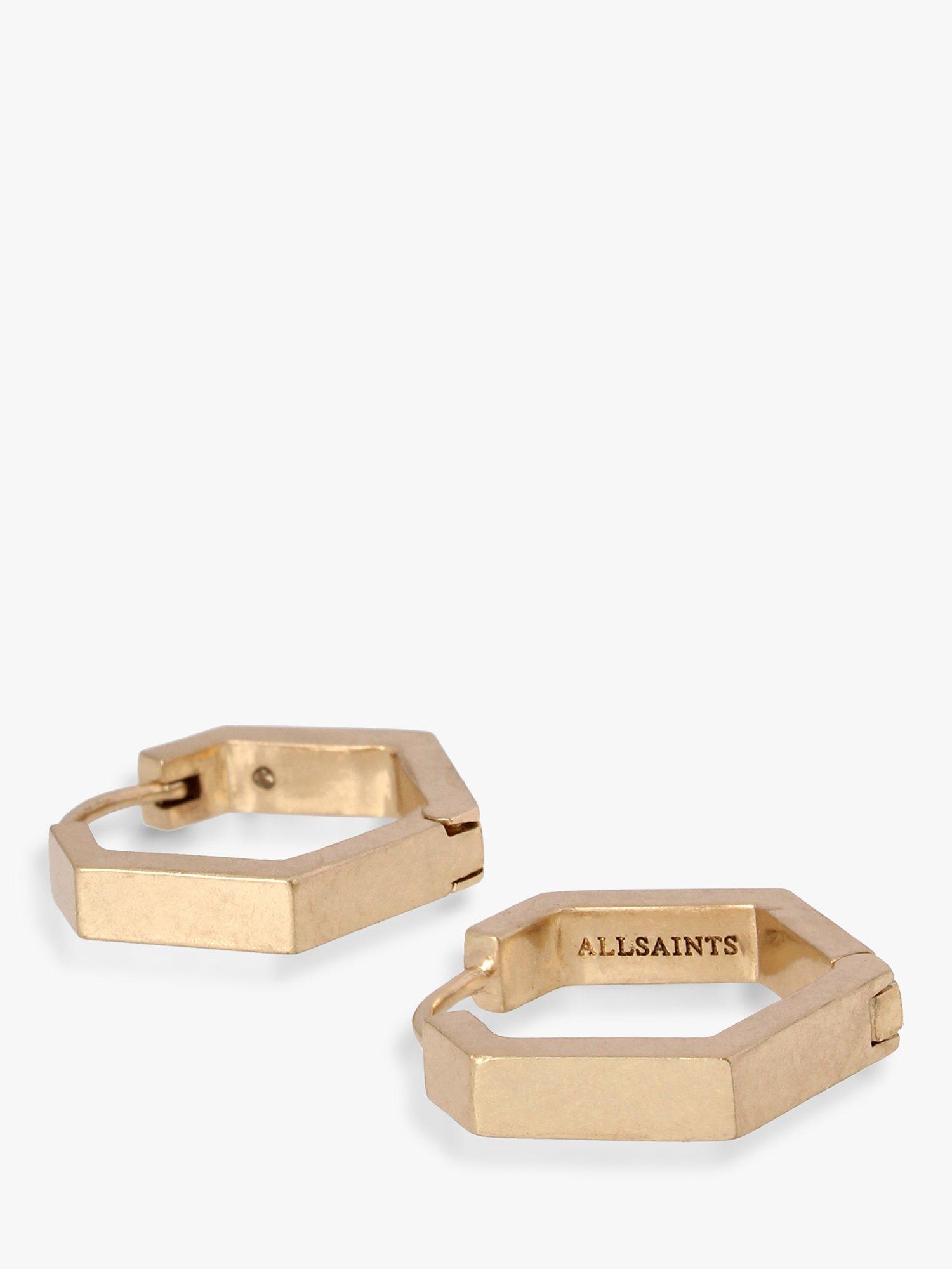 Product image 3 of 3, which shows AllSaints Hexagon Huggie Hoop Earrings, Warm Brass