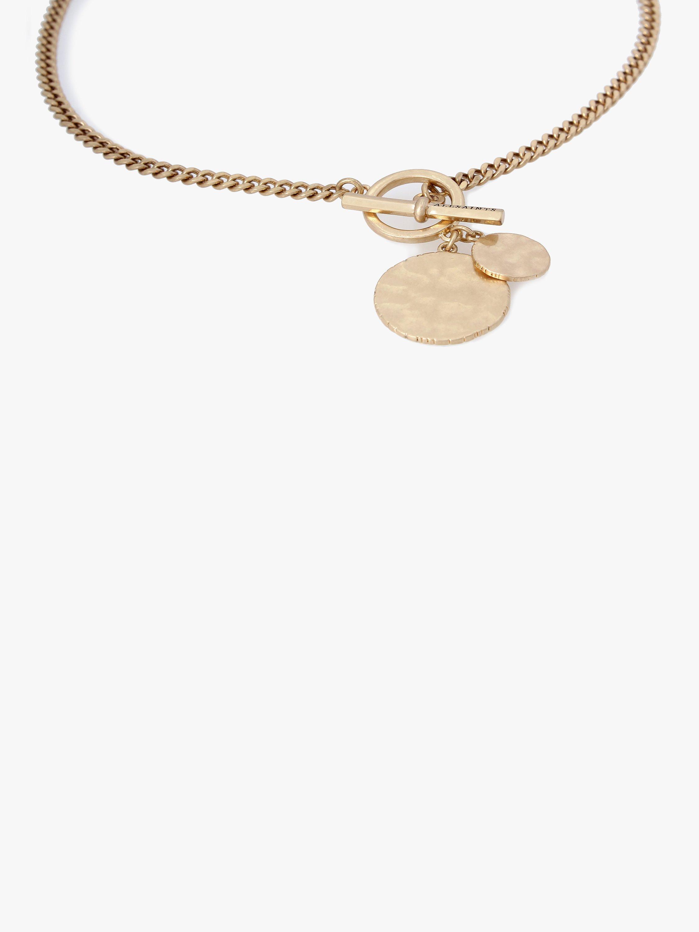 Product image 3 of 4, which shows AllSaints Hammered Disc Pendant Long Chain Necklace, Warm Brass