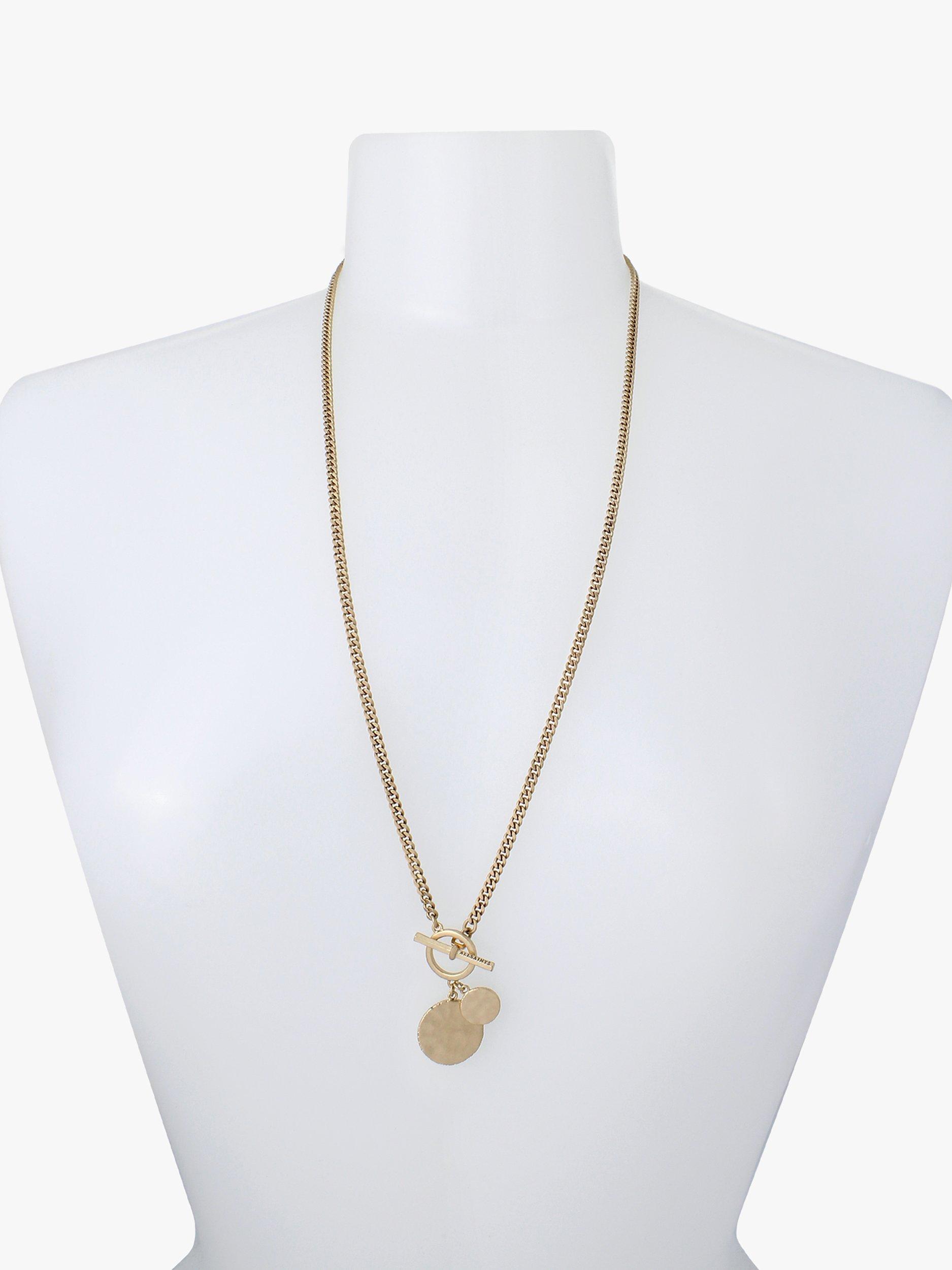 Product image 4 of 4, which shows AllSaints Hammered Disc Pendant Long Chain Necklace, Warm Brass