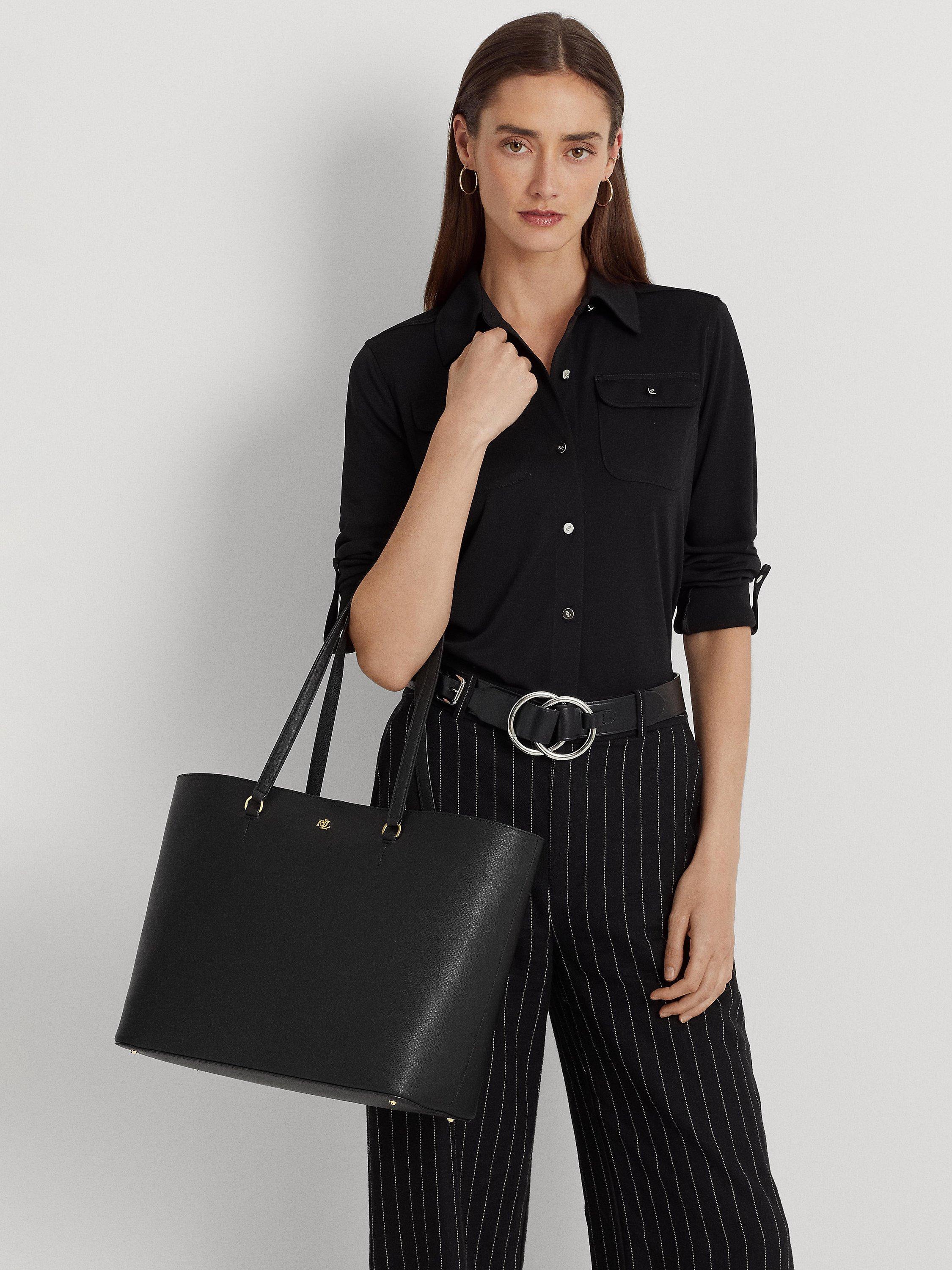 Product image 4 of 7, which shows Lauren Ralph Lauren Karly Crosshatch Leather Large Tote Bag, Black