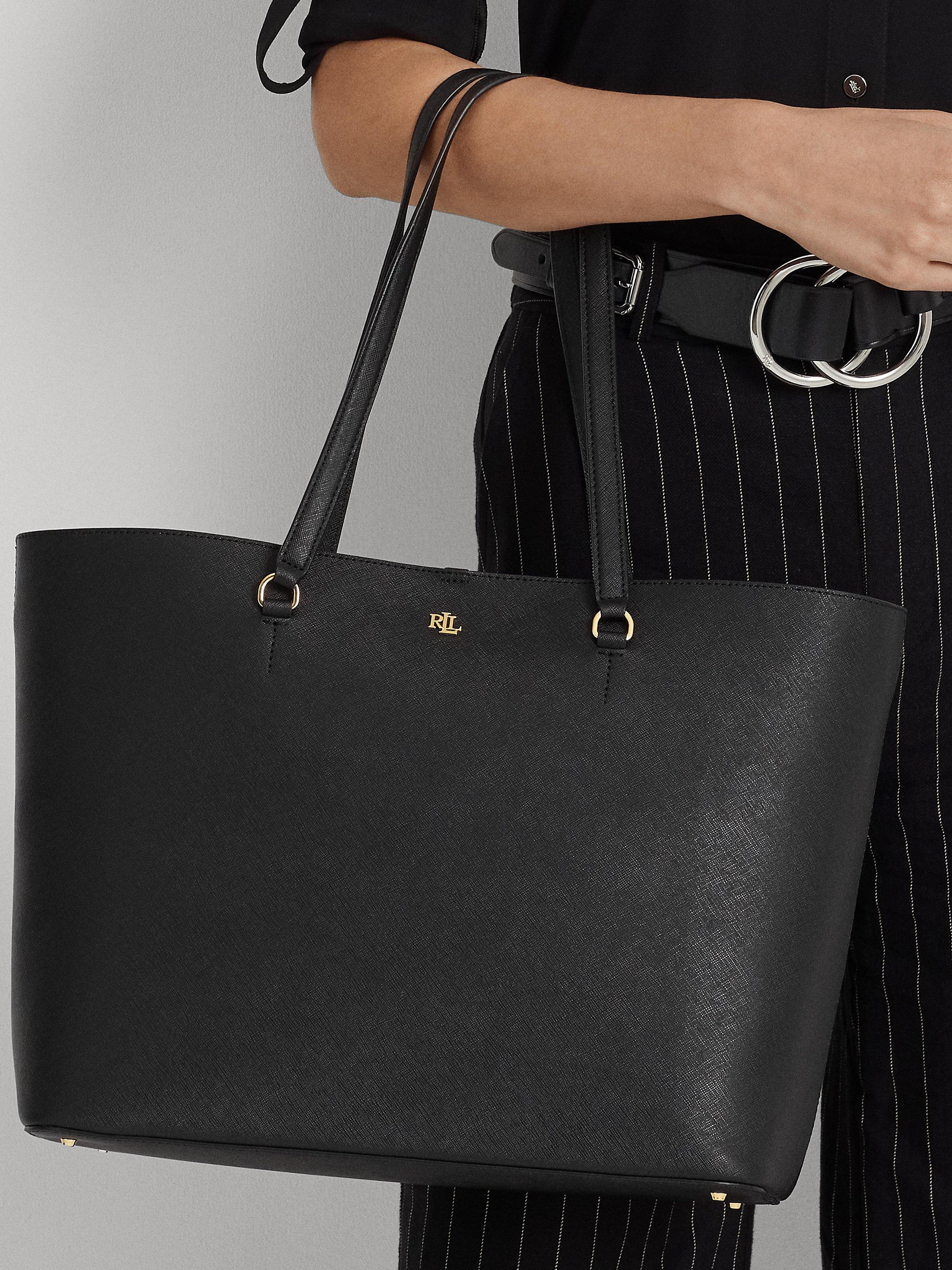 Product image 5 of 7, which shows Lauren Ralph Lauren Karly Crosshatch Leather Large Tote Bag, Black