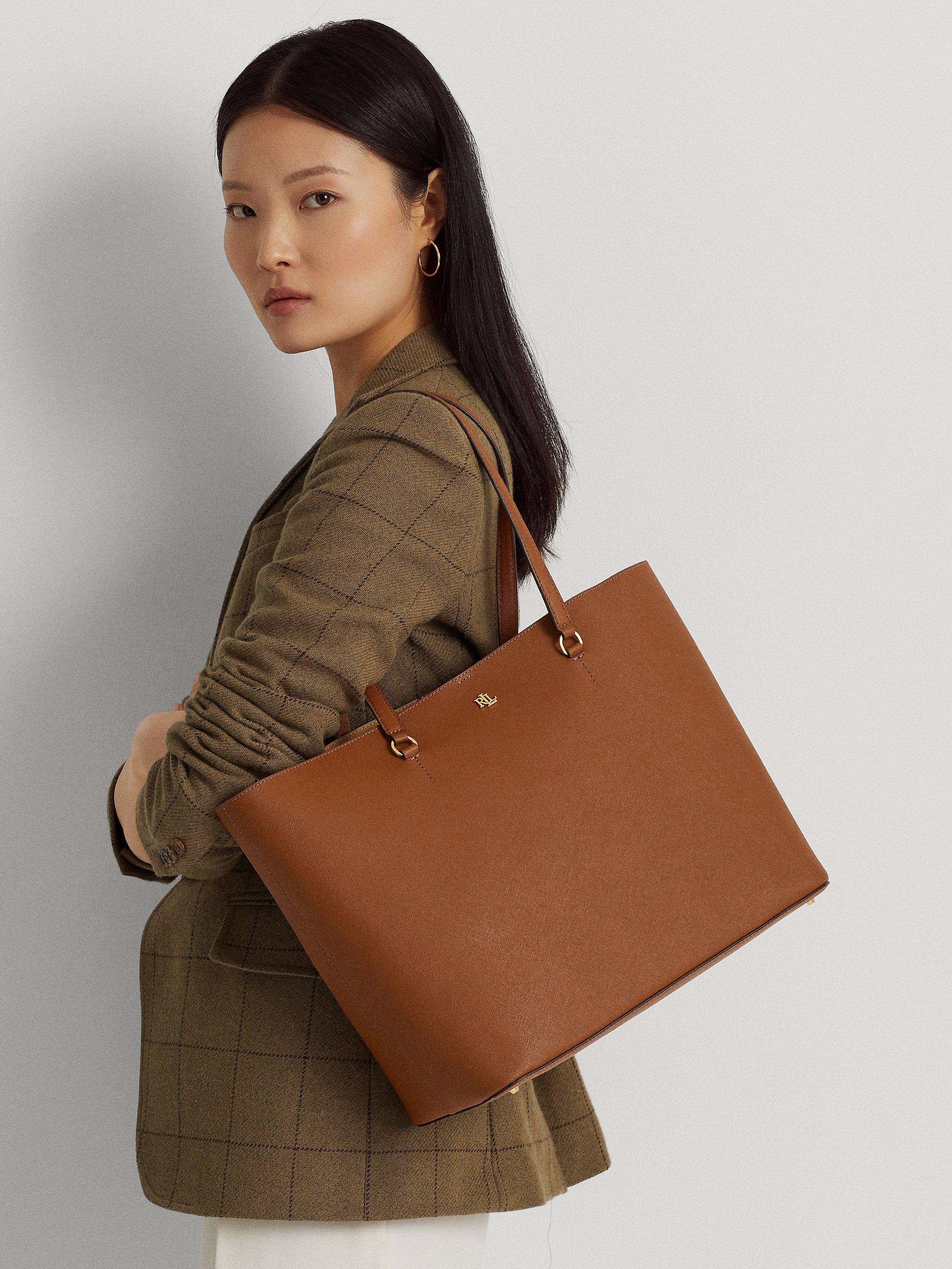 Product image 6 of 6, which shows Lauren Ralph Lauren Karly Crosshatch Leather Large Tote Bag, Lauren Tan