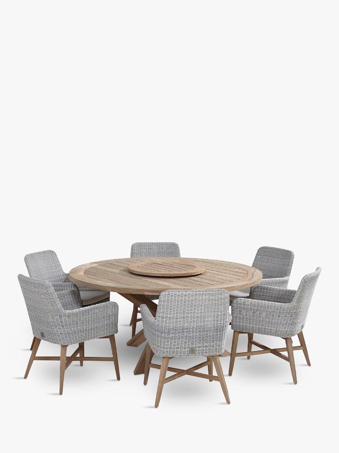 4 Seasons Outdoor Louvre 6-Seater Round Garden Dining Table with Lazy Susan & Lisboa Chairs Set, FSC-Certified (Teak Wood), Polyloom Ice/Natural