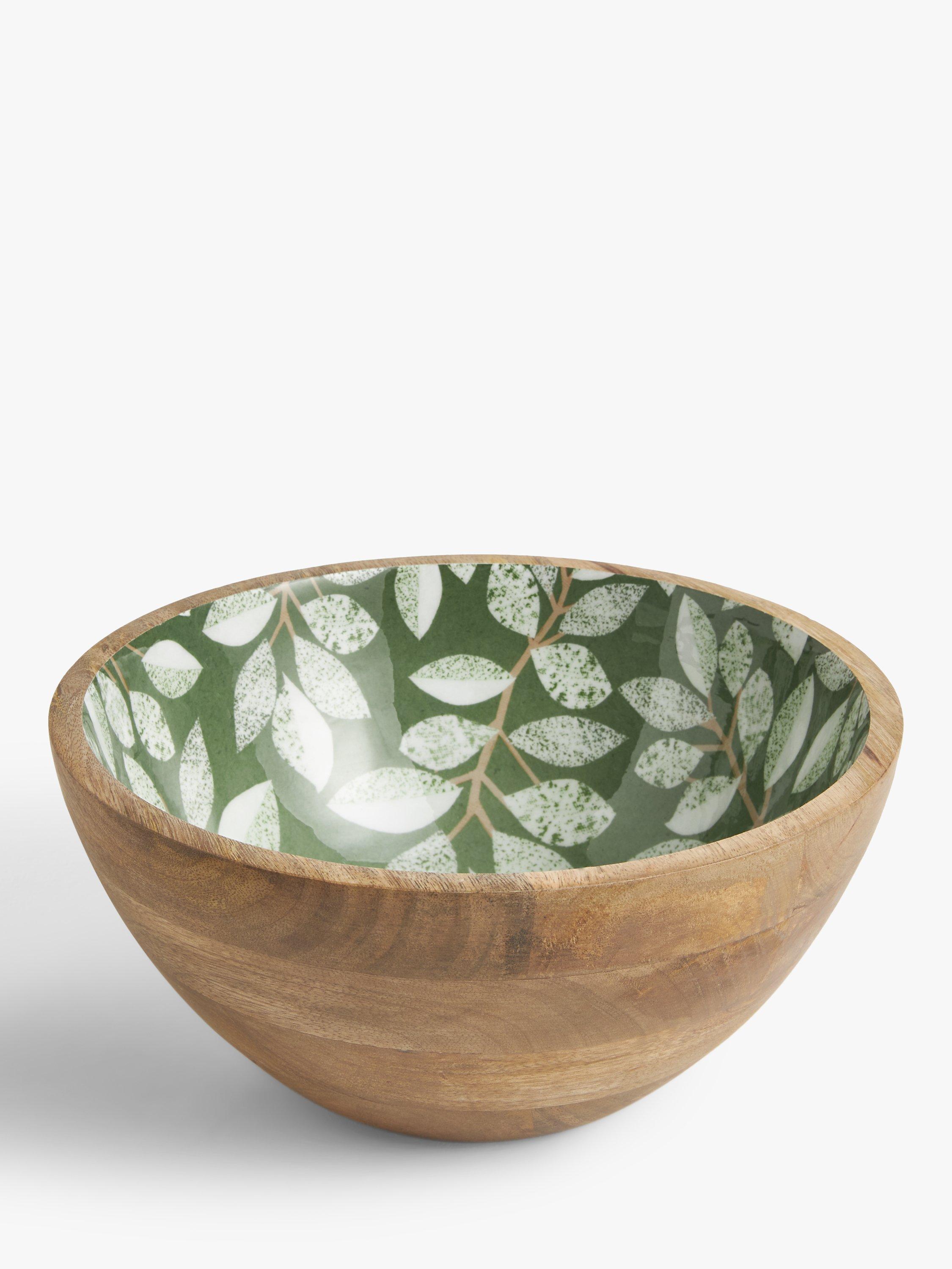 John Lewis Foliage Motif Mango Wood Serving Bowl, 24cm, Natural/Green