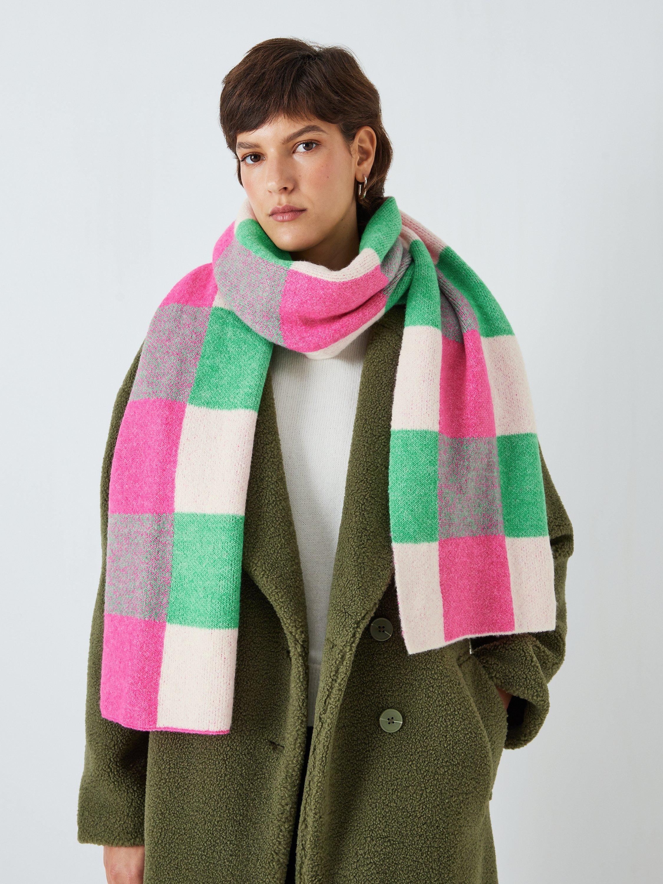 John Lewis ANYDAY Knitted Check Scarf, Green/Pink/Cream