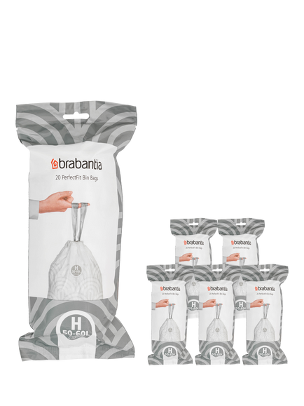 Brabantia PerfectFit Bin Liners, 50-60L - Size H, 120 Bags, White