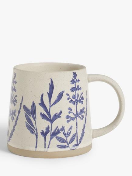 John Lewis Woodland Floral Glazed Stoneware Garden Mug, 450ml, Beige/Blue, Beige/Blue