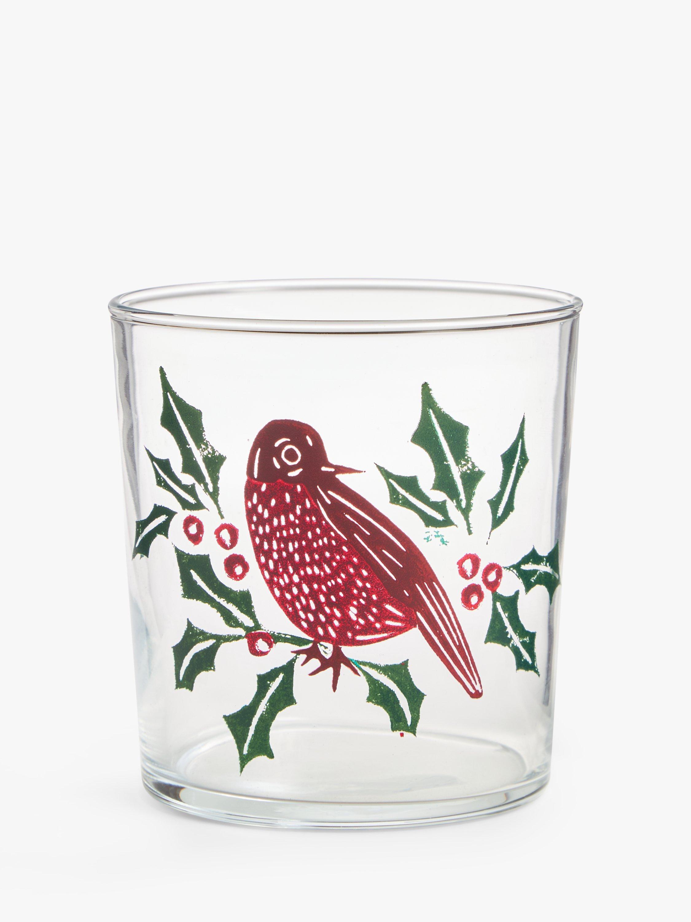 John Lewis Robin Print Glass Tumbler, 380ml, Clear/Red