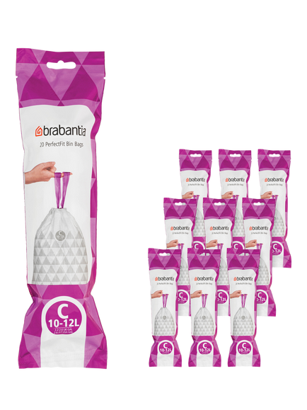 Brabantia PerfectFit Bin Liners, 10-12L - Size C, 200 Bags, White