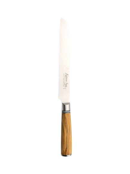 Katana Saya Olive Wood Handle Damascus Steel Blade Bread Knife, 20cm, Natural/Silver