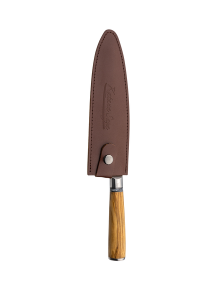 Katana Saya Olive Wood Handle Damascus Steel Blade Bread Knife, 20cm - view 2, Natural/Silver