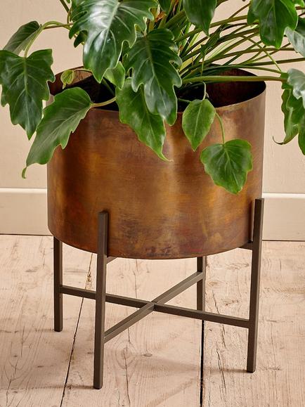 nkuku Juoni Metal Indoor Planter & Stand, Antique Brass, Antique Brass