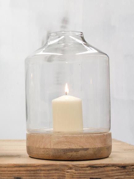 nkuku Idha Mango Wood Tapered Hurricane Lantern Candle Holder, Natural, Small, Mango Wood
