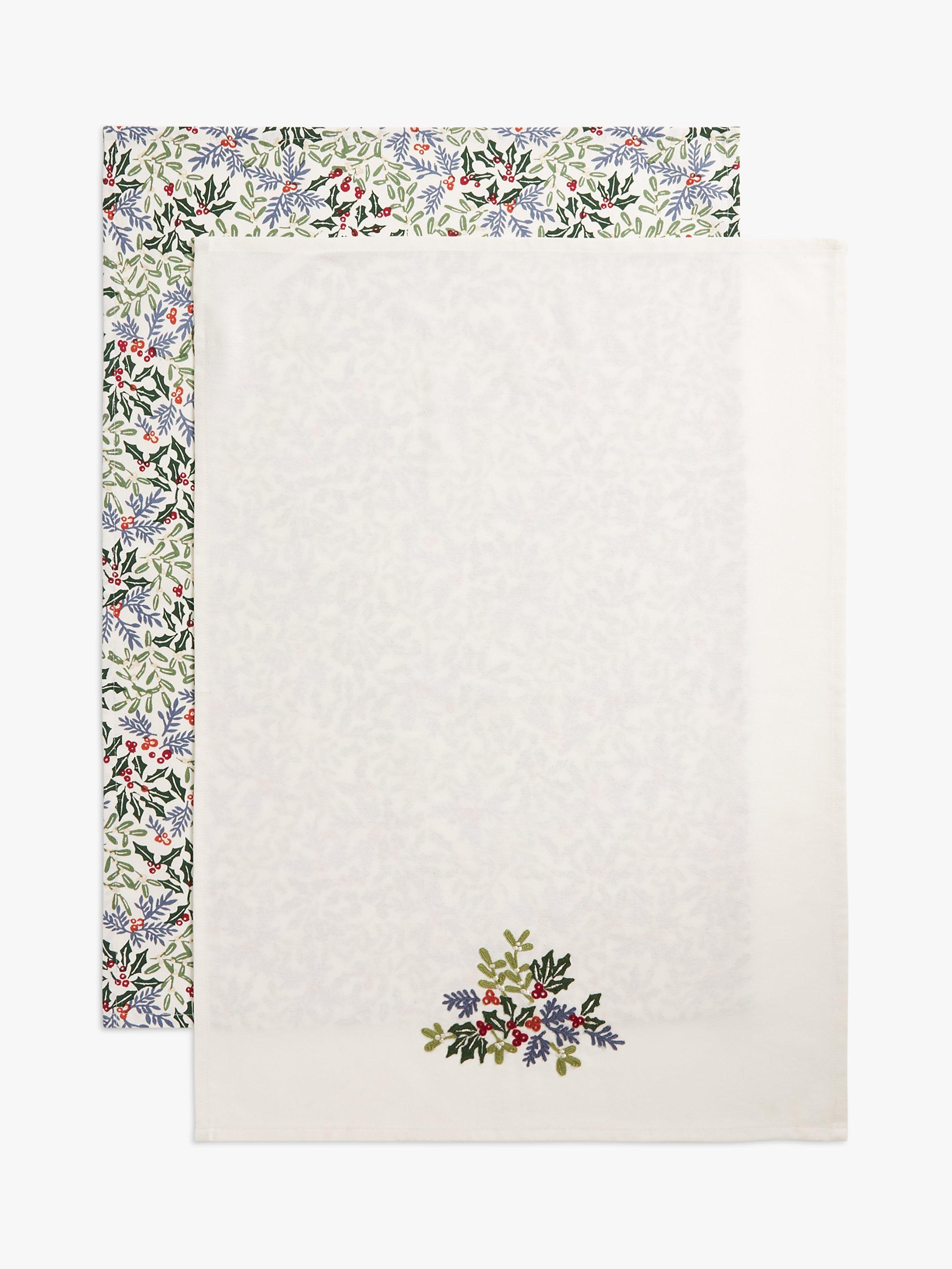 John Lewis Winter Foliage Cotton Tea Towels, Set of 2, Green/Multi