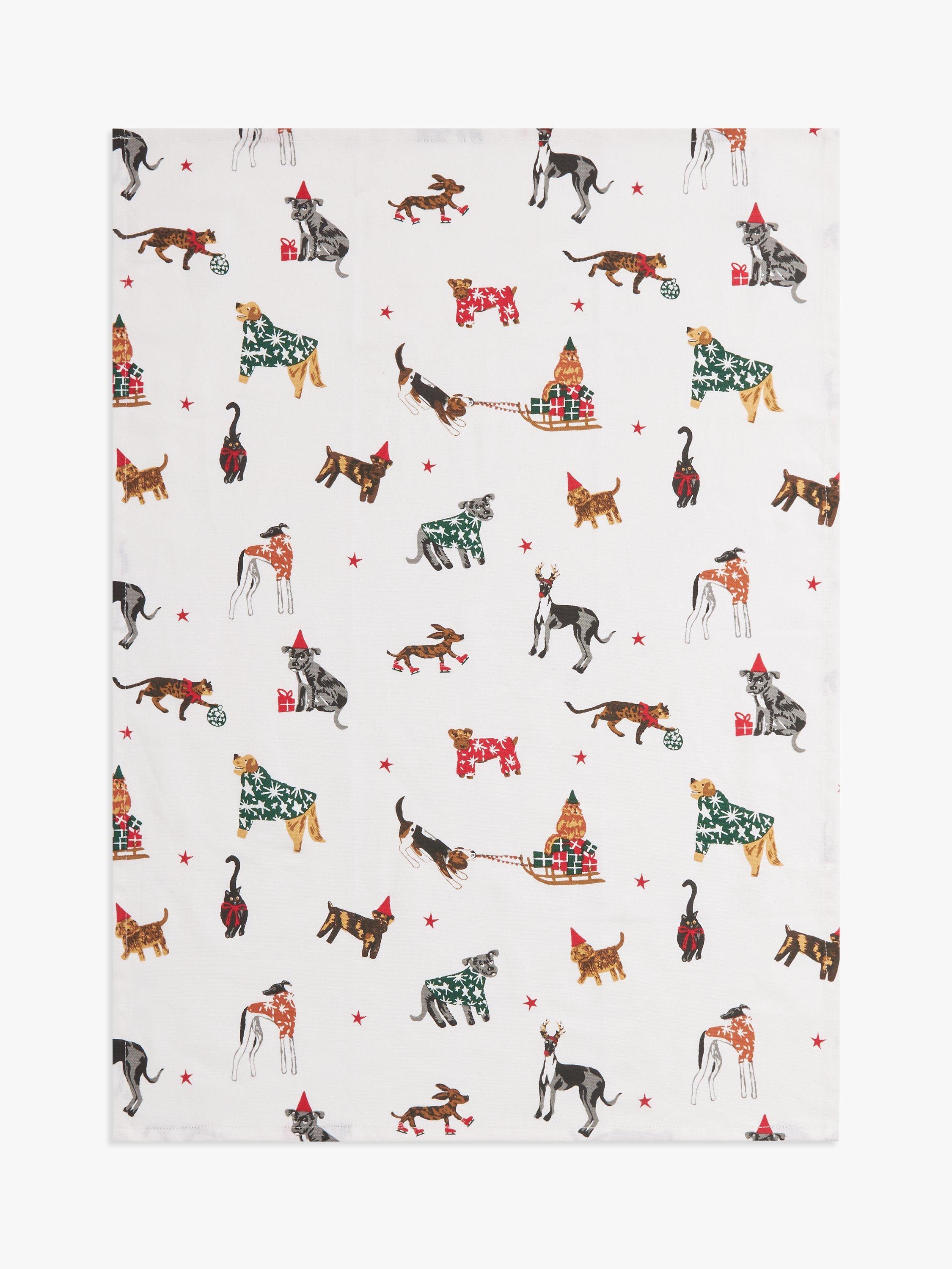 John Lewis Christmas Cats and Dogs Cotton Tea Towel, Red/Multi