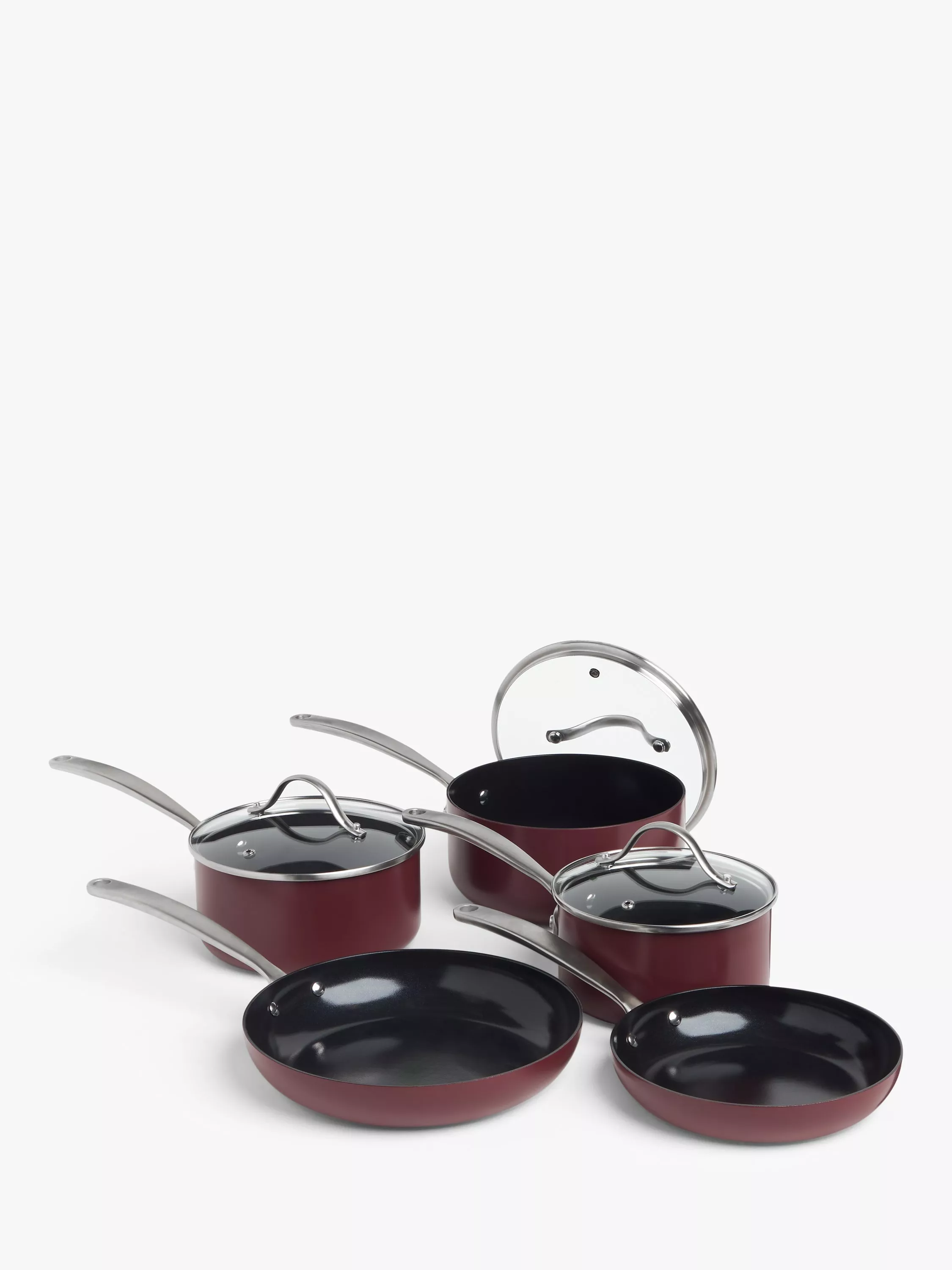 John Lewis Non-Stick Lidded Saucepan & Frying Pan Set, 5 Piece, Damson