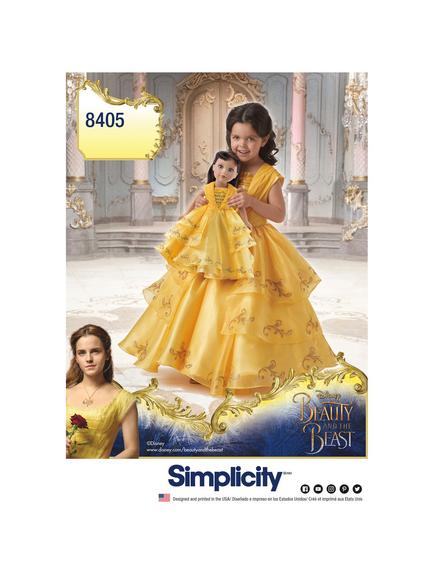 Simplicity Disney Beauty and the Beast Child's and 45cm Dolls' Ballgown Sewing Pattern, S8405A, Multi