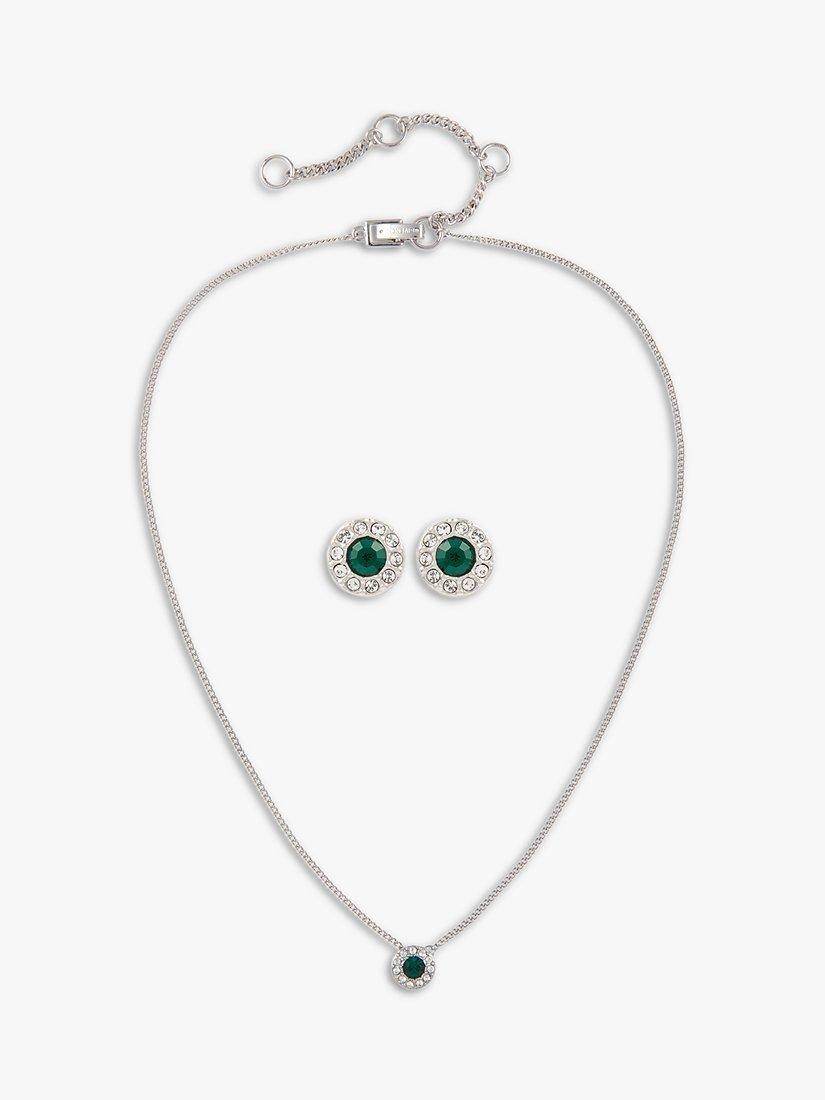 Susan Caplan Pre-Loved Givenchy Rhodium Plated Swarovski Crystals Post Earrings and Pendant Necklace Jewellery Gift Set, Dated Circa 2000s, Silver/Green