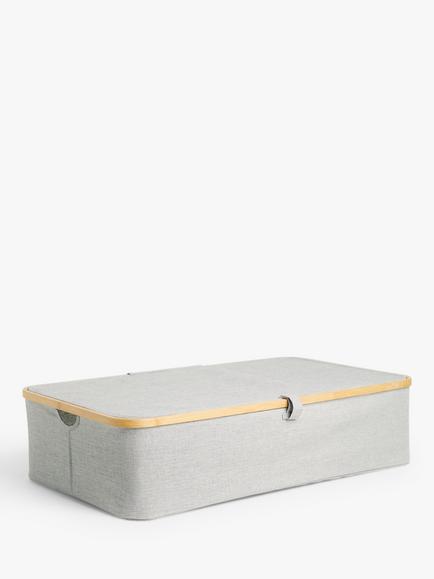 John Lewis Bamboo Rim Lidded Underbed Storage Basket, H19 x W76 x D45cm, Grey