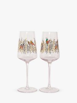 Sara Miller Birds Wine Glasses, 440ml, Set of 2, Clear/Multi, Clear/Multi