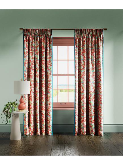Harlequin x Sophie Robinson Wildflower Meadow Pair Lined Pencil Pleat Curtains, Carnelian/Pearl, Carnelian/Pearl