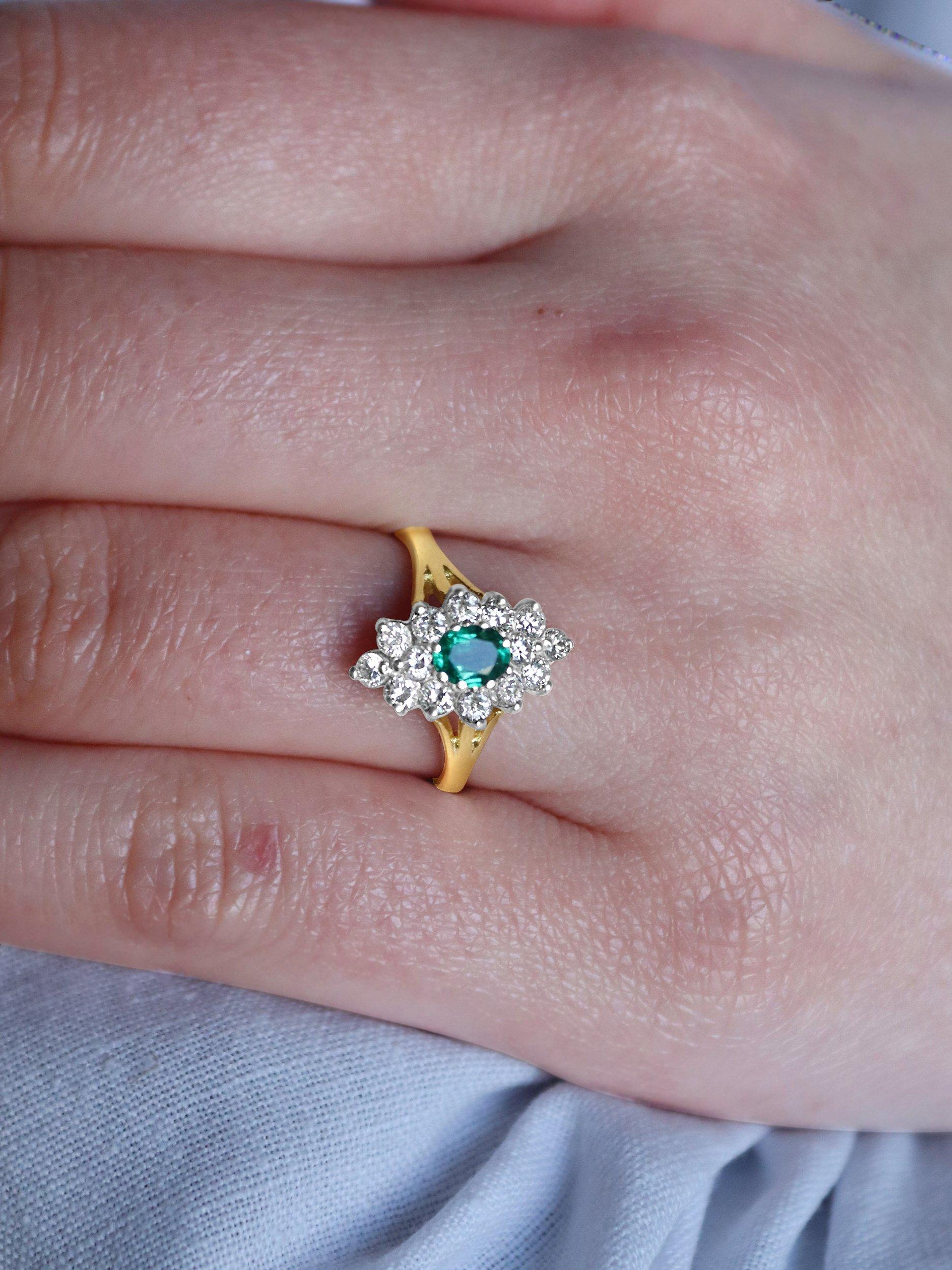 Product image 5 of 5, which shows Milton & Humble Jewellery Pre-Loved Yellow Gold Emerald & Diamond Cluster Ring