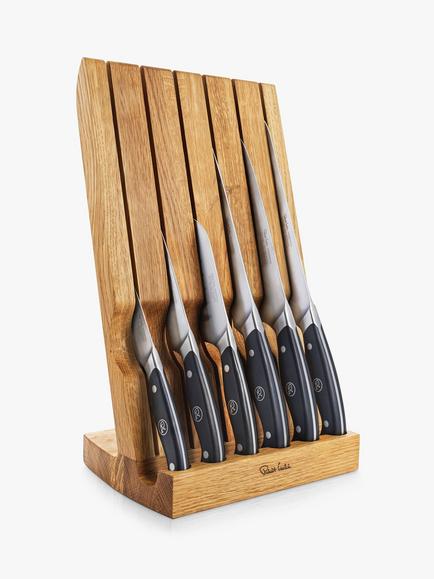 Robert Welch Angled Oak Wood Filled Knife Block with 6 Professional Kitchen Knives Set, 7 Piece, Steel