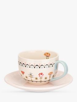 Cath Kidston Painted Table Stoneware Teacup & Saucer Set, 230ml, Multi, Multi