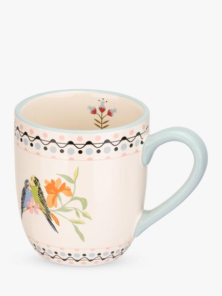 Cath Kidston Painted Table Budgie Print Stoneware Breakfast Mug, 300ml, Blue/Multi, Multi