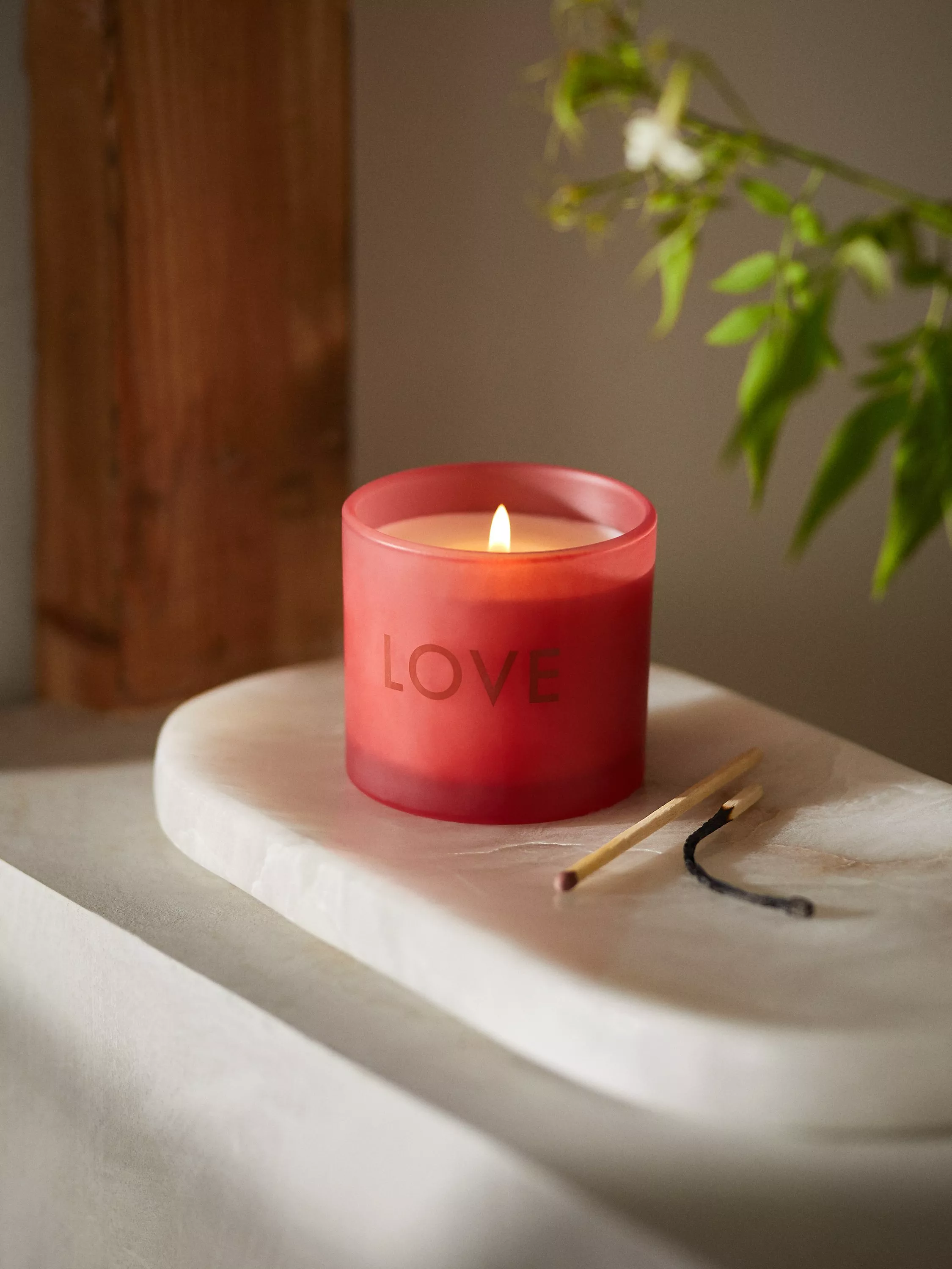 Lit red candle with LOVE label on marble tray, with matchsticks, soft indoor light and greenery background