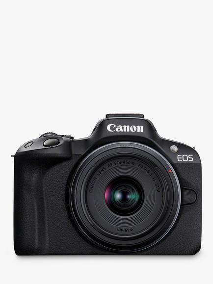 Canon EOS R50 Compact System Camera with RF-S 18-45mm Zoom Lens, 4K Ultra HD, 24.2MP, Wi-Fi, Bluetooth, OLED EVF, 3” Vari-Angle Touch Screen, Black, Vlogger Kit with Microphone, Tripod Grip & Memory Card, Black