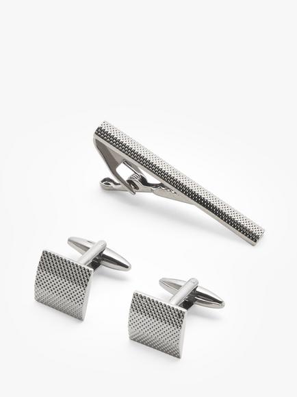 John Lewis Textured Square Cufflinks & Tie Bar Gift Set, Gunmetal, Gunmetal
