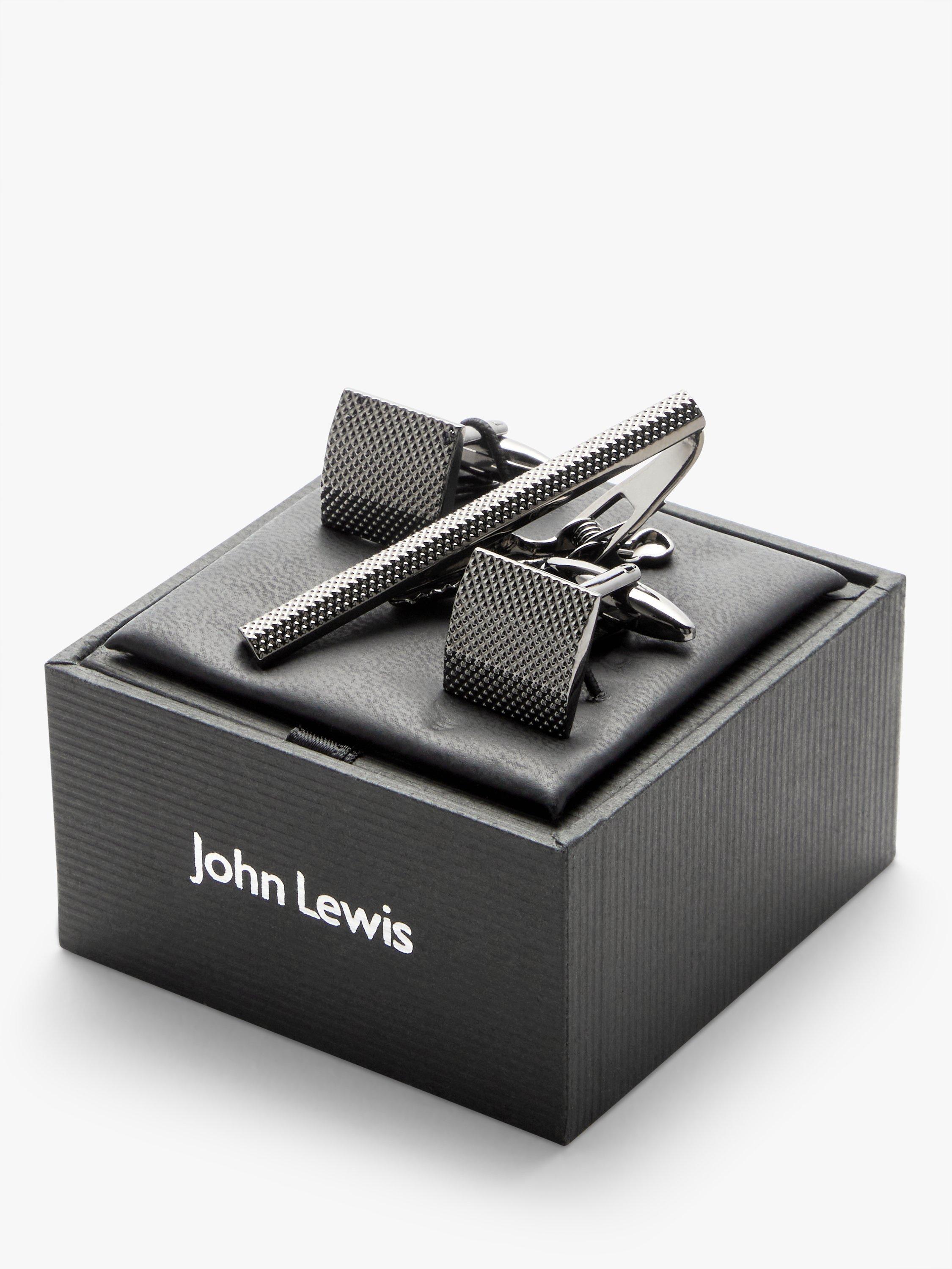 John Lewis Textured Square Cufflinks & Tie Bar Gift Set, Gunmetal