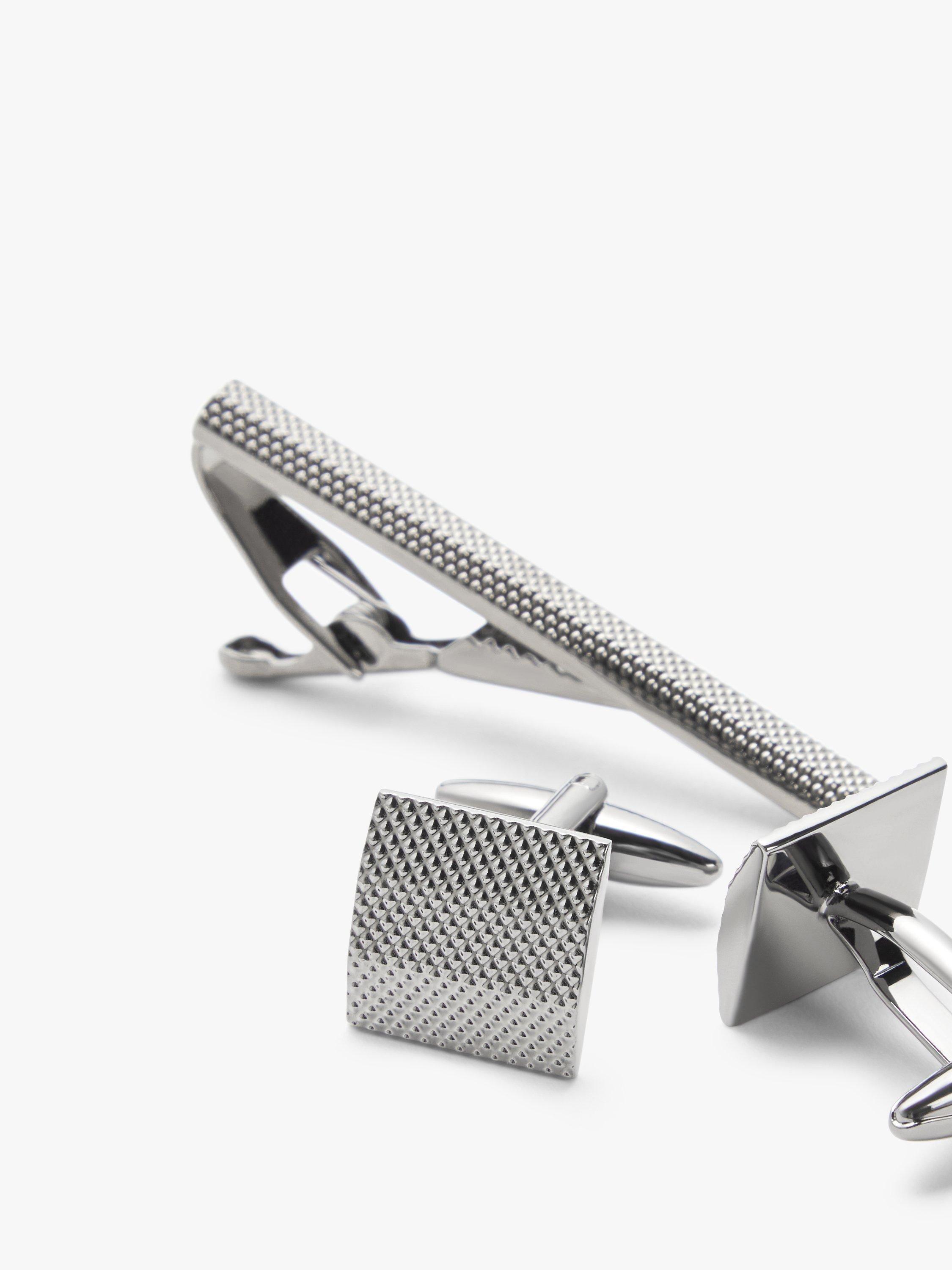 John Lewis Textured Square Cufflinks & Tie Bar Gift Set, Gunmetal