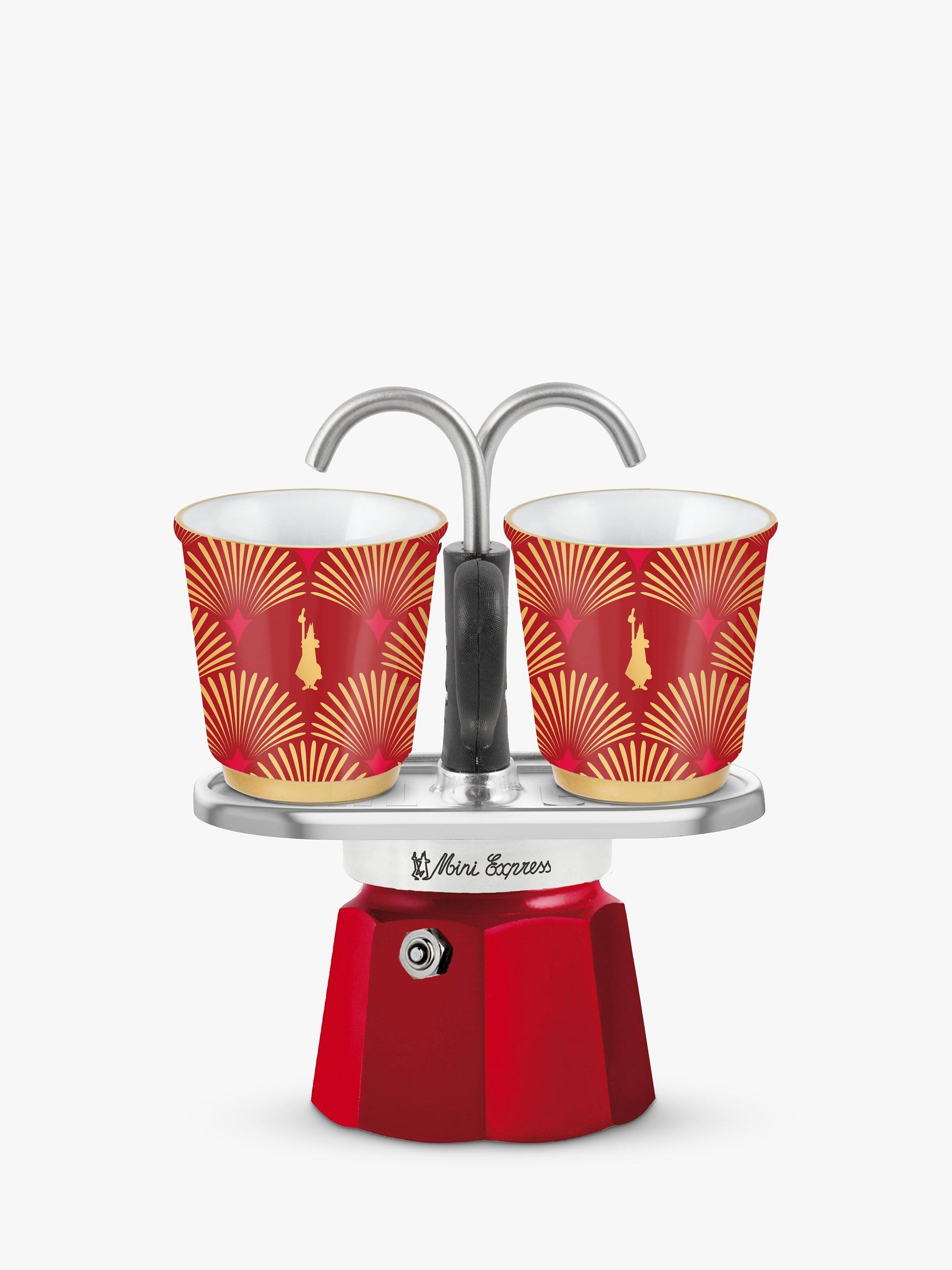 Bialetti Deco Glamour Mini Stovetop Hob Express Coffee Maker & 2 Porcelain Cups, Red Bordeaux