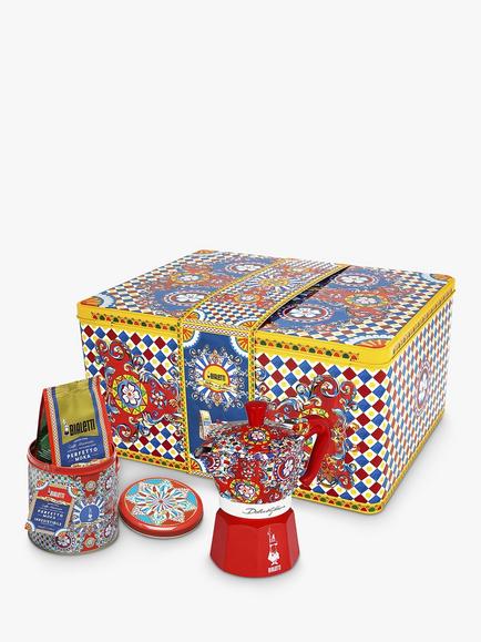 Bialetti Dolce & Gabbana Sicilian Carretto Moka Express Hob Espresso Coffee Maker & Ground Coffee Gift Set, 3 Cup, Multi