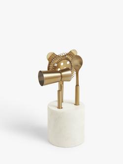 John Lewis Stainless Steel Cocktail Tool Set & Marble Stand, Gold/White, Gold