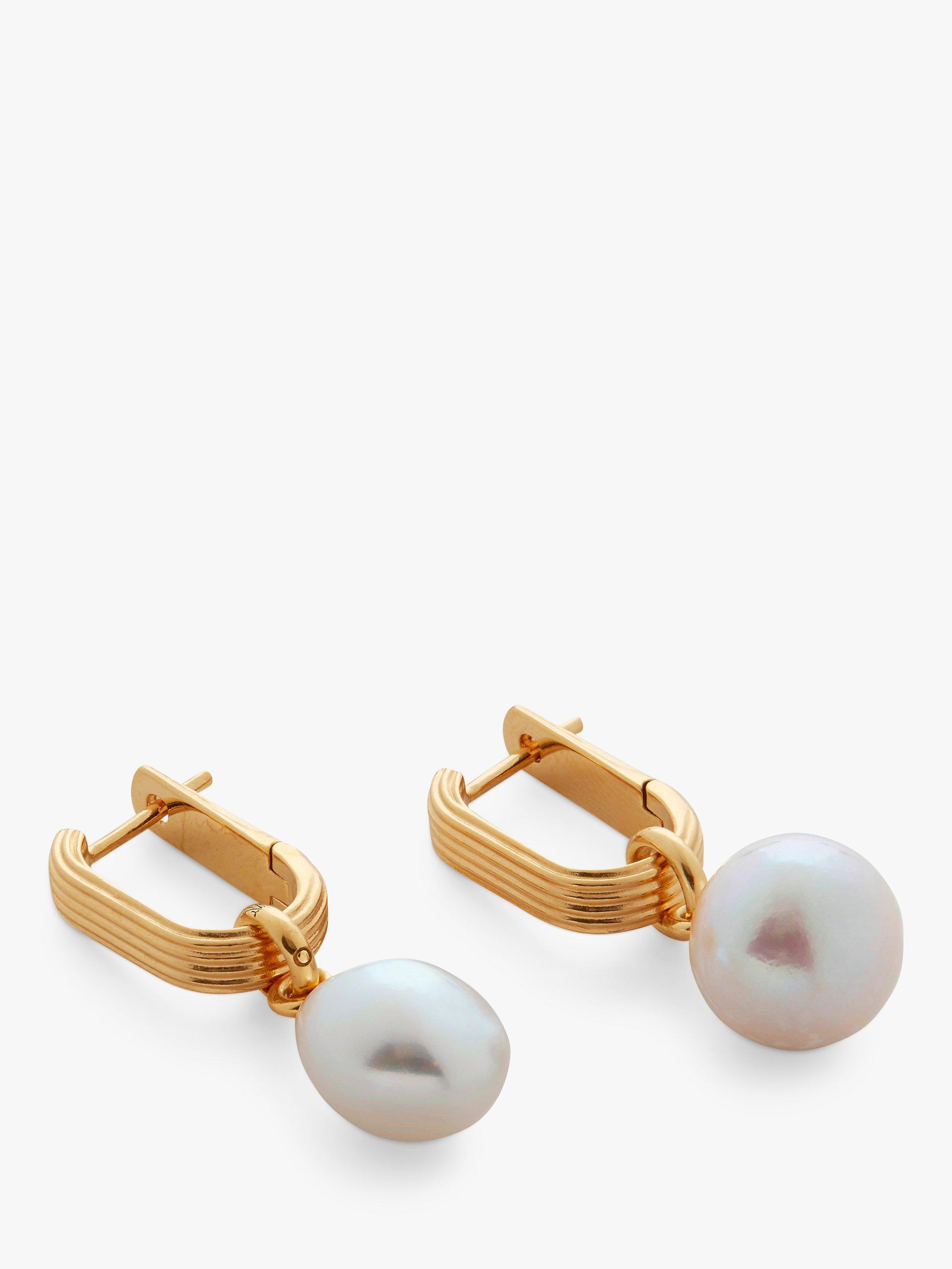 Product image 1 of 6, which shows Monica Vinader Groove Baroque Pearl Huggie Earrings, Gold