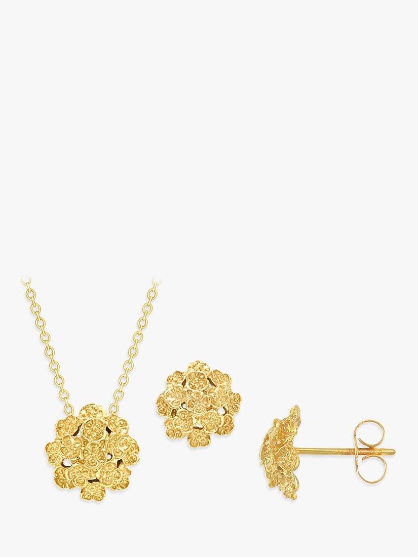 Product image 1 of 4, which shows London Road 9ct Yellow Gold Posy Flower Pendant Necklace & Stud Earring Jewellery Set