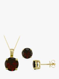 E.W Adams 9ct Yellow Gold Solitaire Garnet Pendant Necklace & Stud Earring Set, Gold/Red, Gold/Red